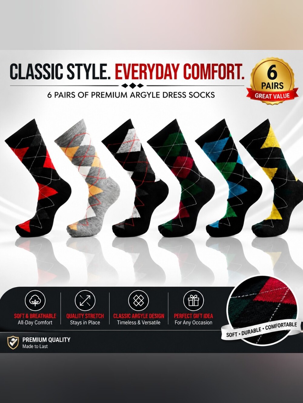 6 Pairs Men’s Argyle Dress Socks Cotton Blend Classic Colors New Size 10-13